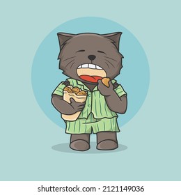 Illustration cute gray cat eating its food blue background