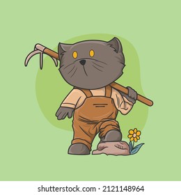 Illustration cute gray cat and fork ready to farm green background