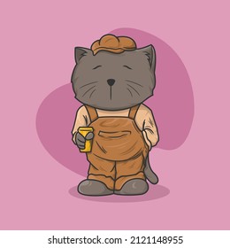 Illustration cute gray cat holding drinking glass purple background