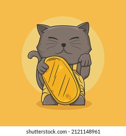 Illustration cute gray cat holding gold metal yellow background  symbol good luck