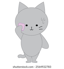 Illustration of a cute gray cat wiping sweat