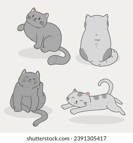 Illustration of a cute gray domestic cat with a fluffy tail and whiskers