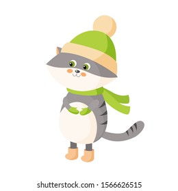 illustration of a cute gray striped kitten cat standing in a green hat, mittens and felt boots. children's print. winter, New Year mood. for design, vector