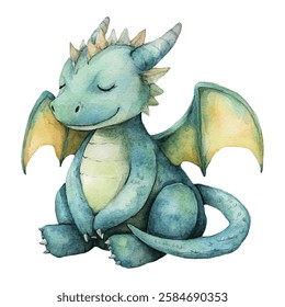  illustration of a cute, green blue baby dragon with detailed scales, large wings, and expressive eyes. Perfect for fantasy-themed designs, children's books, and whimsical art projects.