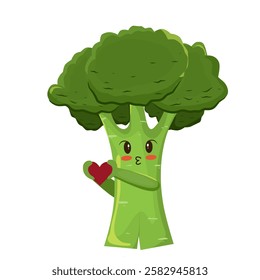 Illustration of a cute green broccoli vegetable character with a cheerful expression and holding a heart in his hand