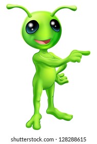 An illustration of a cute green cartoon alien pointing a finger and showing something