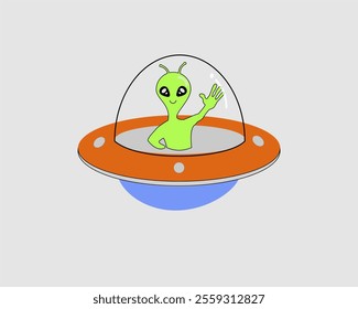 Illustration, A cute green cartoon alien waves cheerfully from inside a colorful UFO with a transparent dome. Suitable for sci-fi themes, children's content, animation, or educational materials.