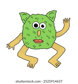 Illustration of a cute green furry monster with big eyes, four legs, and pointy ears. perfect for creative project like children's books or games.