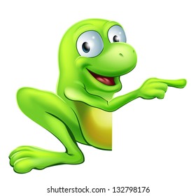 An illustration of a cute green happy frog character peeking round a sign or banner pointing at it