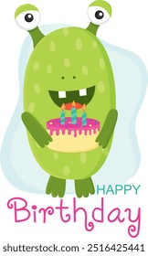 Illustration of cute green monster holding a festive cake with candles. Colorful happy birthday concept	