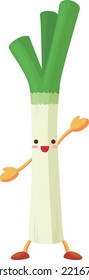 Illustration of a cute green onion character raising hands