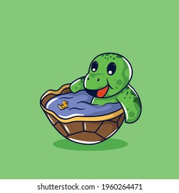 Illustration of a cute green turtle soaking in its own shell while playing a rubber duck