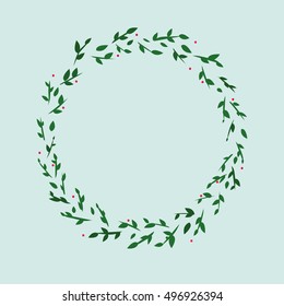 illustration of a cute green wreath of leaves with berries or plant ornament in a circle on a light background