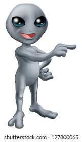 An illustration of a cute grey cartoon alien pointing a finger and showing something