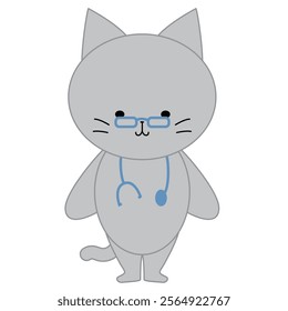 Illustration of a cute grey cat playing doctor