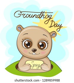 illustration with a cute groundhog on a nice day