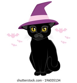 Illustration of cute Halloween black cat with witch hat