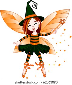 Illustration of cute Halloween fairy flying in the air