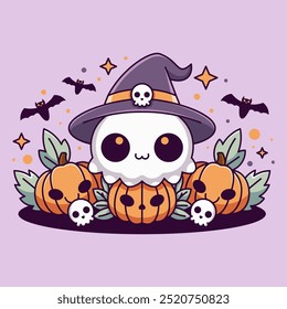 ILLUSTRATION CUTE HALLOWEEN. GHOST, PUMPKIN AND BAT WITH ORANGE AND PURPLE COLOR