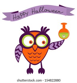 Illustration of cute Halloween owl holding poison bottle