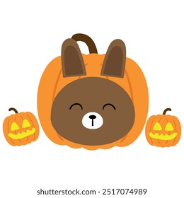 Illustration with cute halloween pumpkins and handwritten brown rabbits. cute wallpapers, backgrounds and cards
