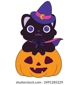 Illustration of a cute halloween witch cat is isolated on the white background