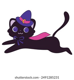 Illustration of a cute halloween witch cat is isolated on the white background