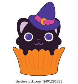 Illustration of a cute halloween witch cat is isolated on the white background