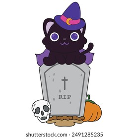 Illustration of a cute halloween witch cat is isolated on the white background