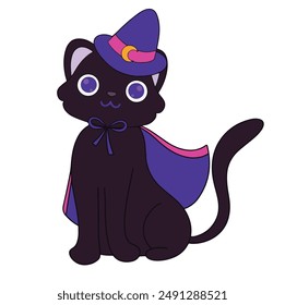 Illustration of a cute halloween witch cat is isolated on the white background