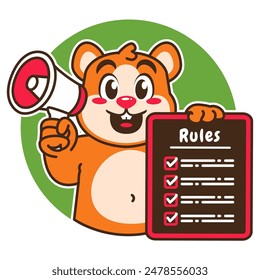 Illustration of Cute Hamster Cartoon Character Holding a Checklist or list of rules and a megaphone