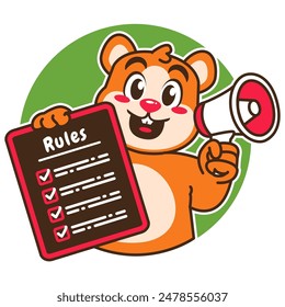 Illustration of Cute Hamster Cartoon Character Holding a Checklist or list of rules and a megaphone