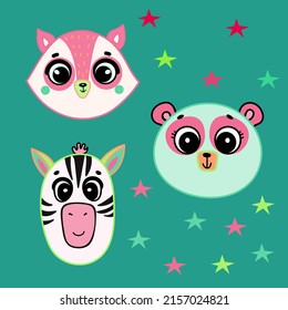 Illustration of cute hand drawn decorative colored animal vector set. Cute raccoon, teddy bear and zebra character with beautiful stars, cute style illustration. T-shirt design idea.