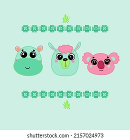 Illustration of cute hand drawn decorative colored animal vector set.Cute hippo, alpaca and koala character, cute style illustration. T-shirt design idea.