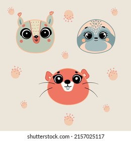 Illustration of cute hand drawn decorative colored animal vector set. Cute sloth, otter and squirrel character with abstract spots, cute style illustration. T-shirt design idea.
