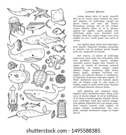 Illustration with cute hand drawn marine animals, fish, shells and text. Vector outline background. 