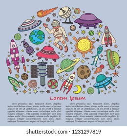 Illustration with cute hand drawn space objects: stars, rockets, planets, moon, sun etc. Hand-drawn vector collection