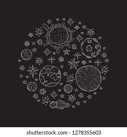 Illustration with cute hand drawn space objects: stars, rockets, planets, moon, sun etc. Hand-drawn vector collection