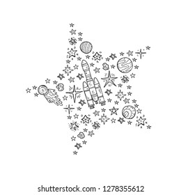 Illustration with cute hand drawn space objects: stars, rockets, planets, moon, sun etc. Hand-drawn vector collection