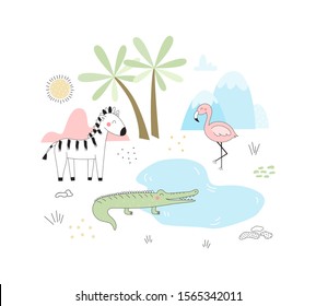 Illustration of Cute hand drawn vector African Animals. Vector Illustration. vector print.