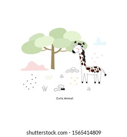 Illustration of Cute hand drawn vector African Animal, giraffe. Vector Illustration. vector print.