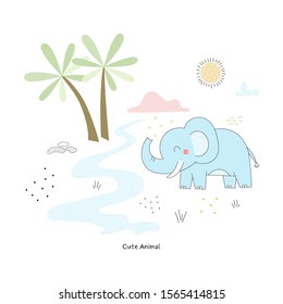 Illustration of Cute hand drawn vector African Animal, elephant. Vector Illustration. vector print.
