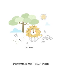 Illustration of Cute hand drawn vector African Animal, lion. Vector Illustration. vector print.