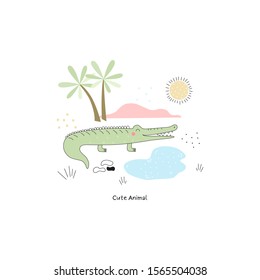Illustration of Cute hand drawn vector African Animal, crocodile. Vector Illustration. vector print.