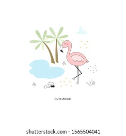 Illustration of Cute hand drawn vector African Animal, flamingo. Vector Illustration. vector print.