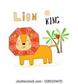 Illustration of Cute hand drawn vector African Animal, lion. Vector Illustration. vector print.
