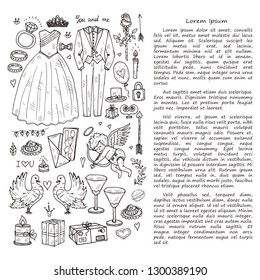 Illustration with cute hand drawn Wedding icons. Love collection. Vector
