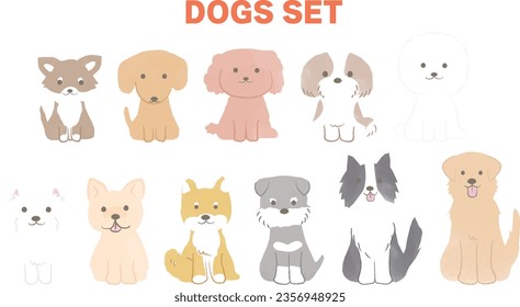 Illustration of a cute hand-drawn simple dog Whole body sitting No main lines