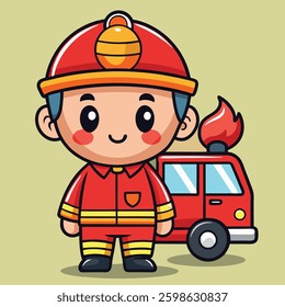 Illustration of a cute handrawn icon of a child wearing a firefighter uniform