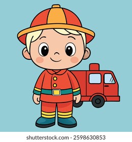 Illustration of a cute handrawn icon of a child wearing a firefighter uniform